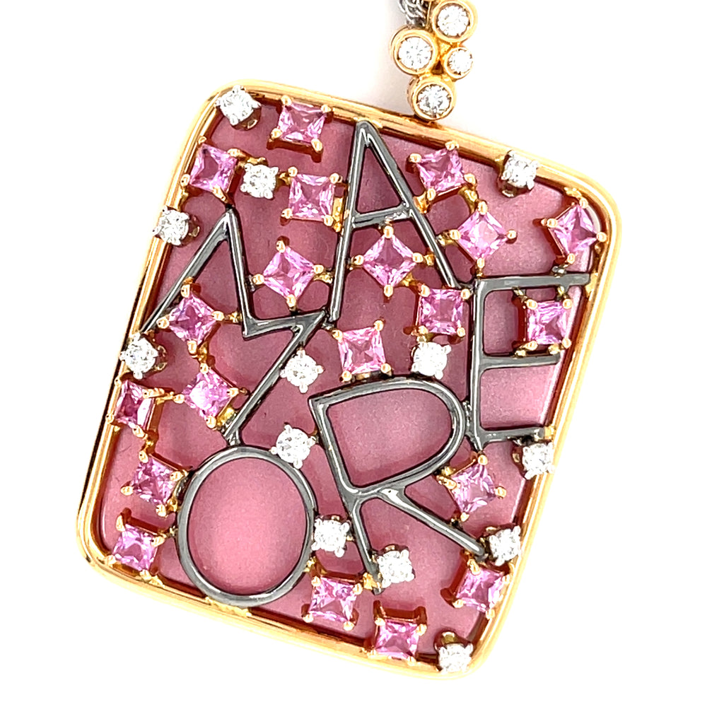 18k Yellow Gold Diamond, Pink Sapphire, Enamel Pendant w/ 16" Multi-Chain