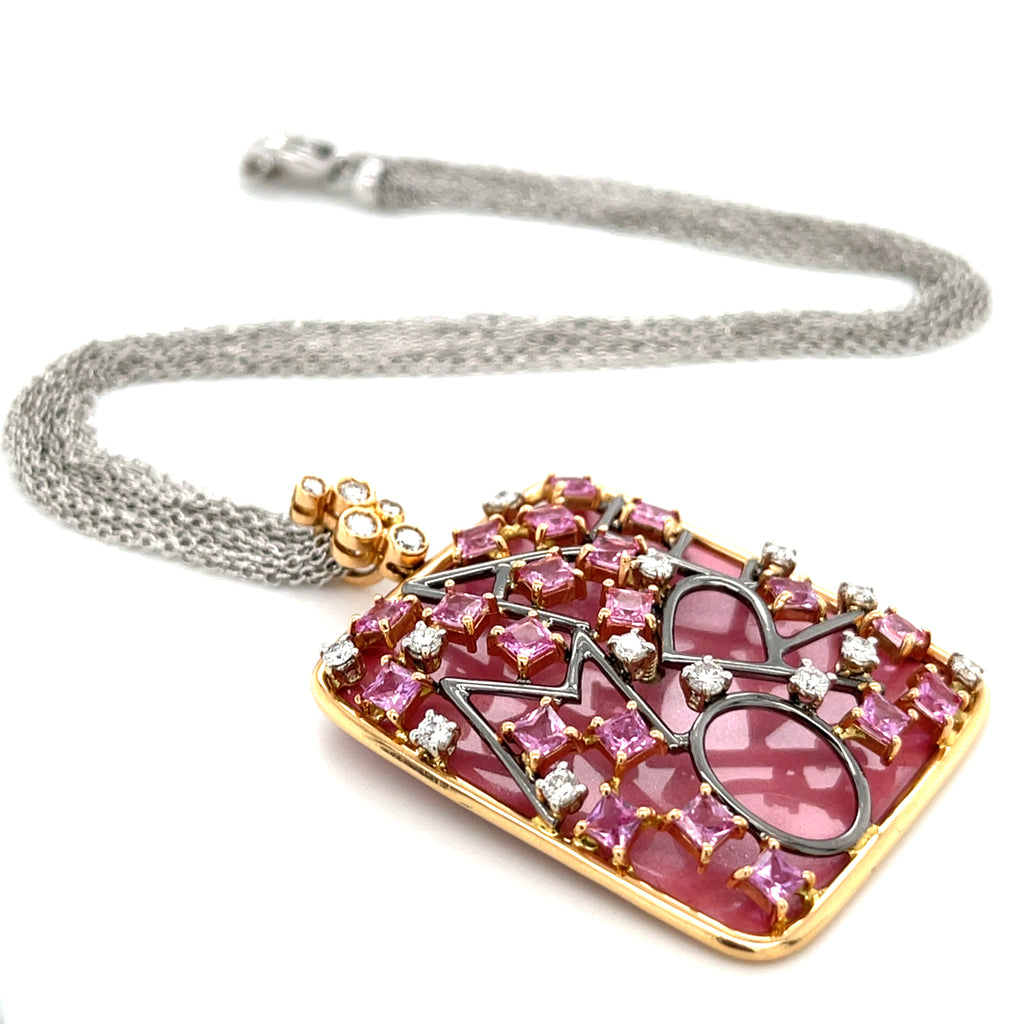 18k Yellow Gold Diamond, Pink Sapphire, Enamel Pendant w/ 16" Multi-Chain