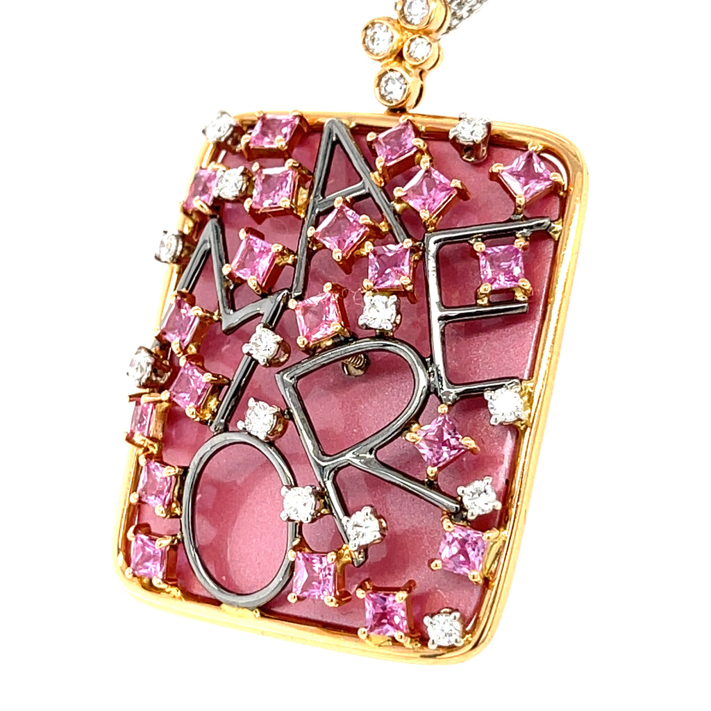 18k Yellow Gold Diamond, Pink Sapphire, Enamel Pendant w/ 16" Multi-Chain