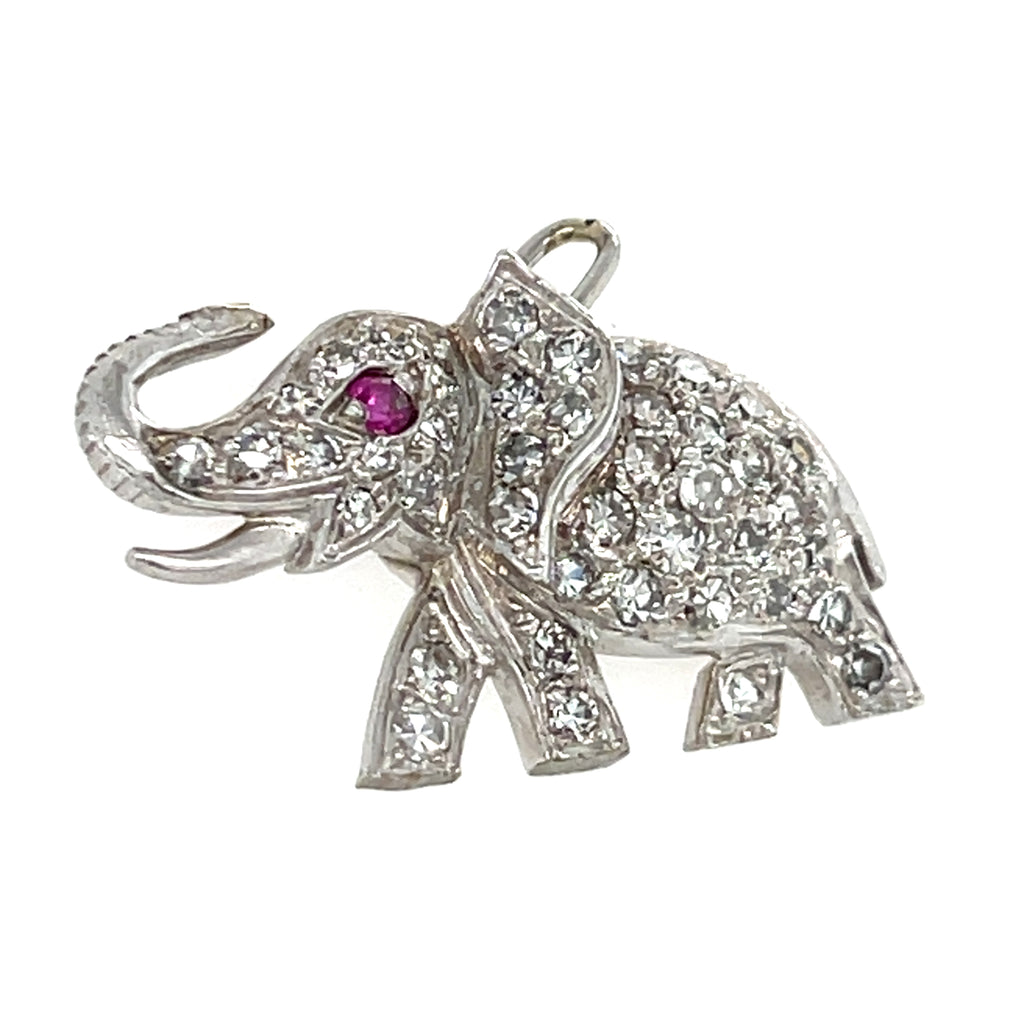 Adorable Platinum 0.25 ct Diamond Elephant Charm with Ruby Eye