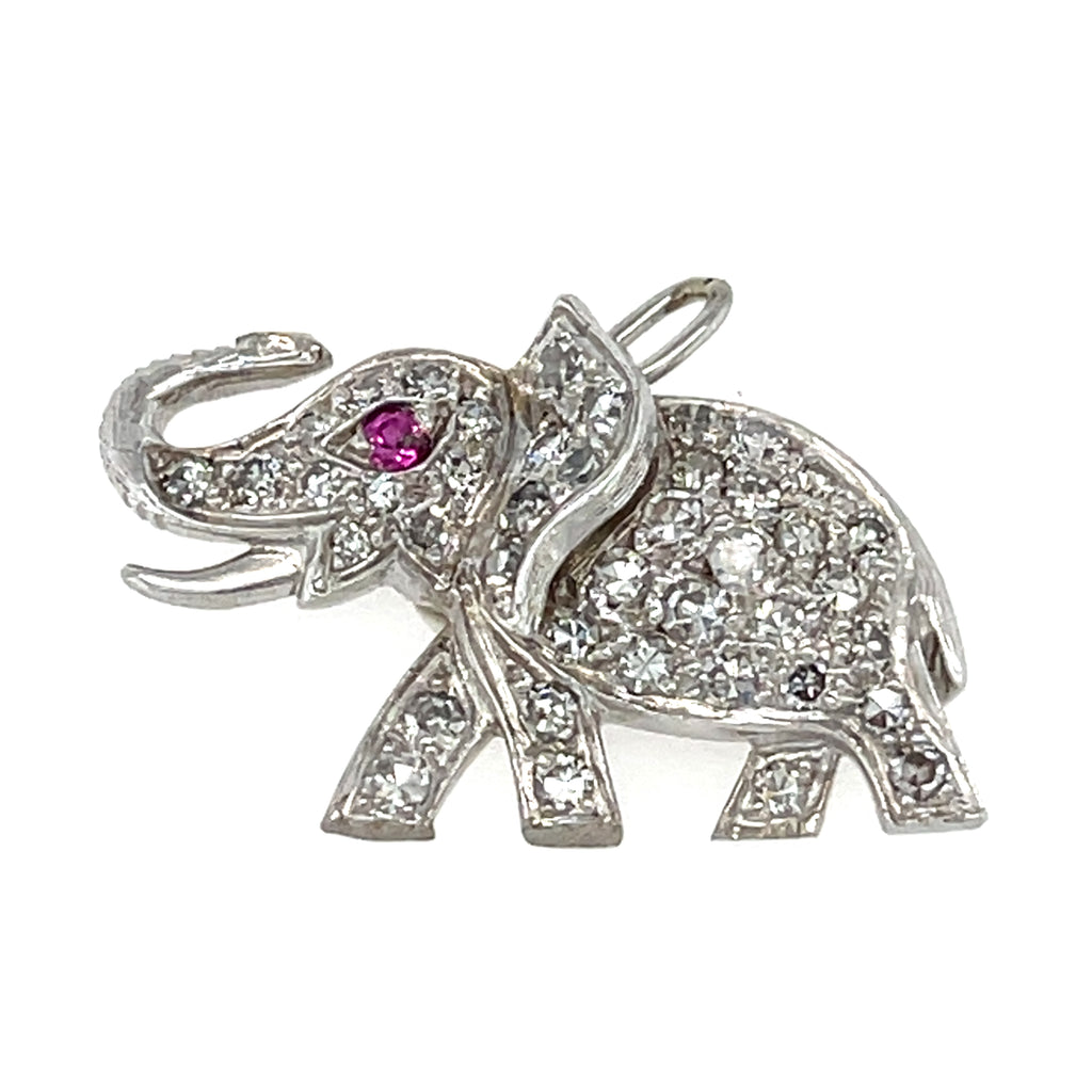 Adorable Platinum 0.25 ct Diamond Elephant Charm with Ruby Eye