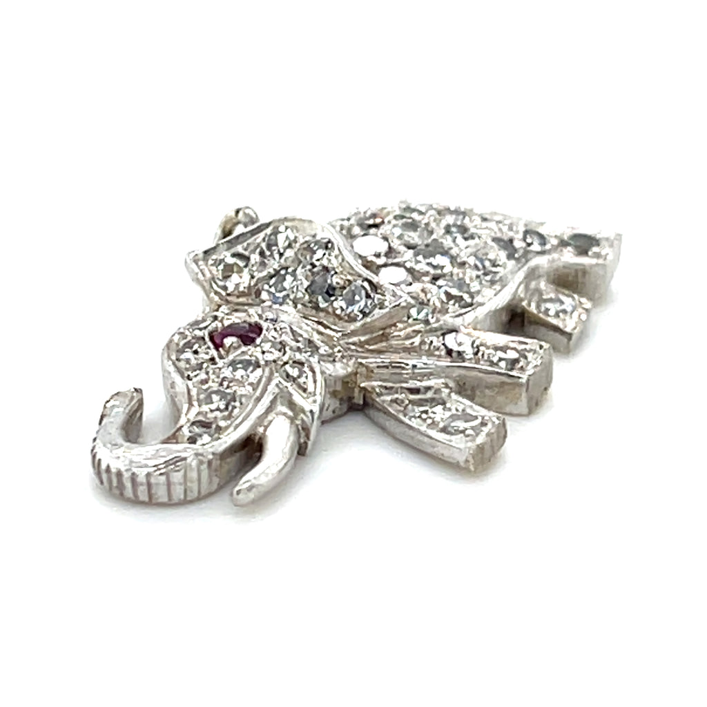 Adorable Platinum 0.25 ct Diamond Elephant Charm with Ruby Eye