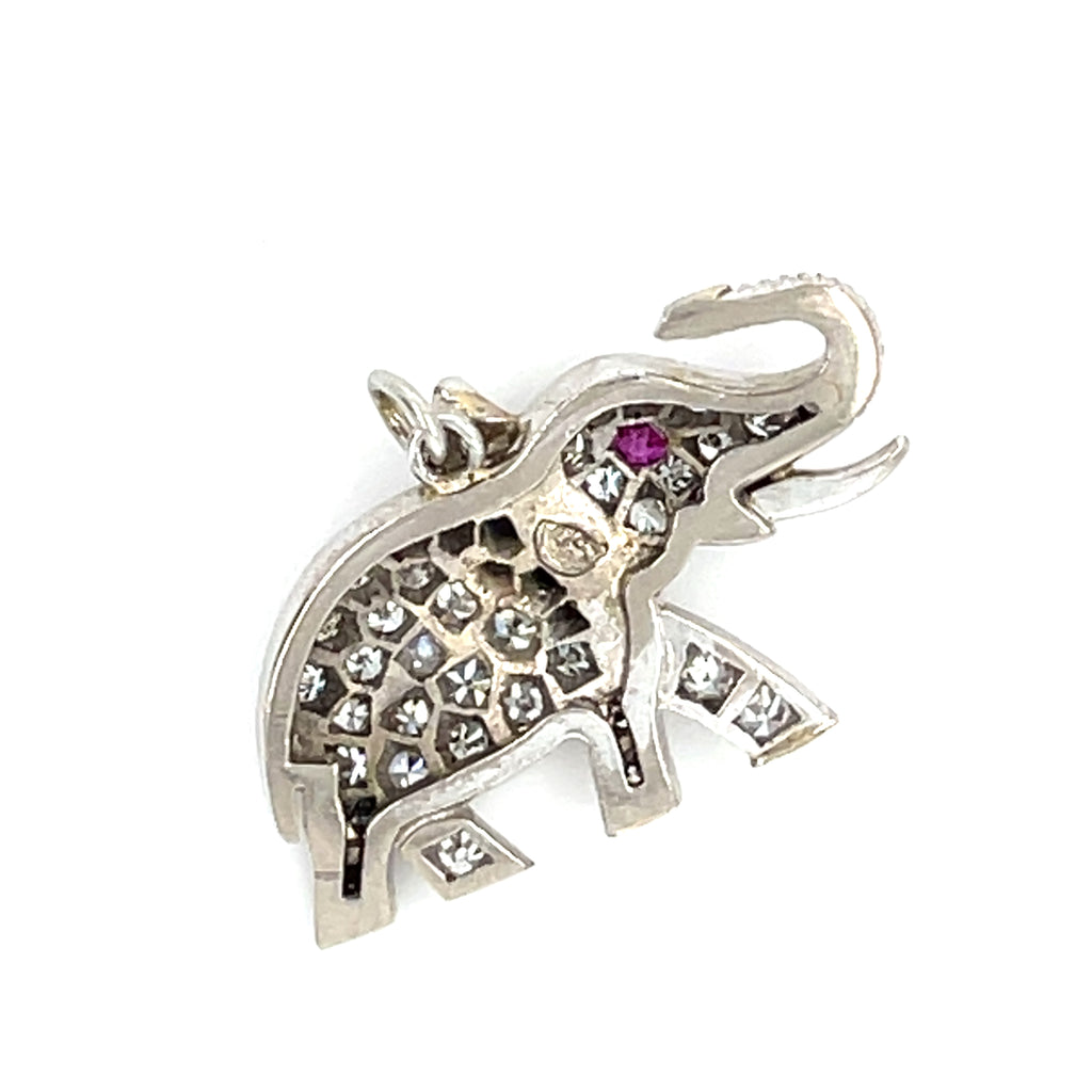 Adorable Platinum 0.25 ct Diamond Elephant Charm with Ruby Eye