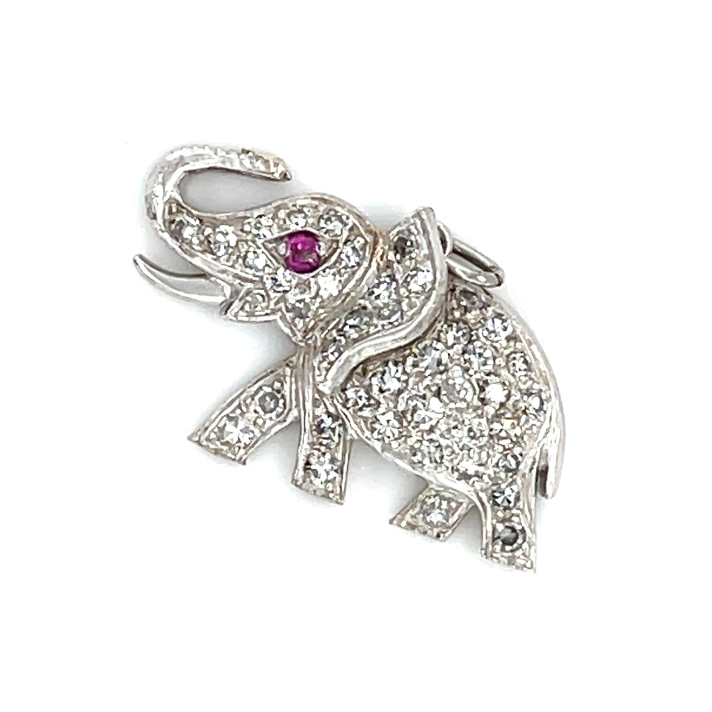 Adorable Platinum 0.25 ct Diamond Elephant Charm with Ruby Eye