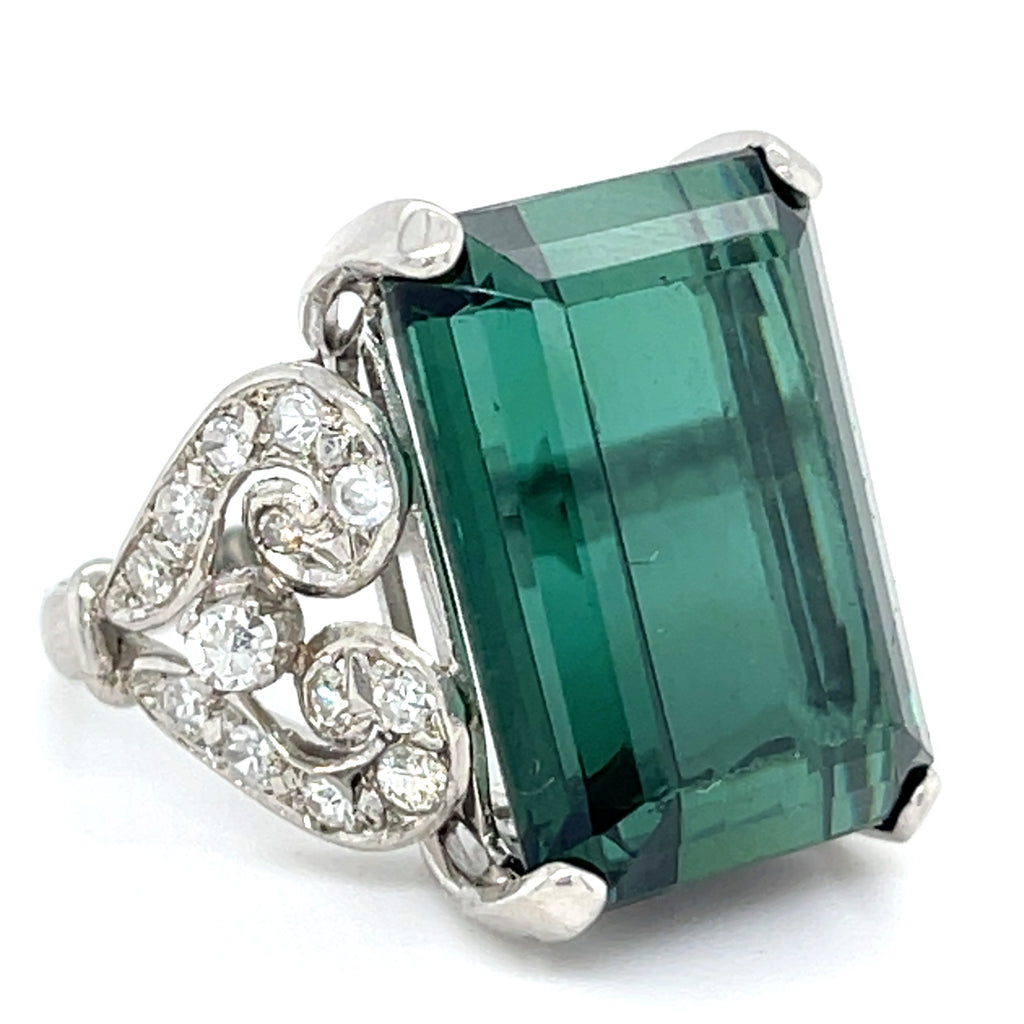 Platinum 17.5 Ct Emerald-Cut Green Tourmaline 0.30 ct Diamond Ring Size 6.25