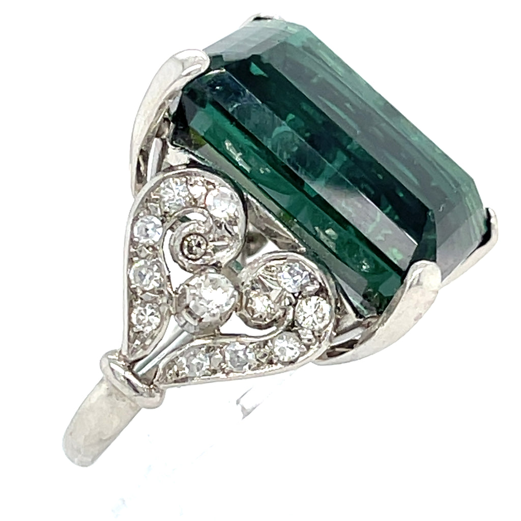 Platinum 17.5 Ct Emerald-Cut Green Tourmaline 0.30 ct Diamond Ring Size 6.25