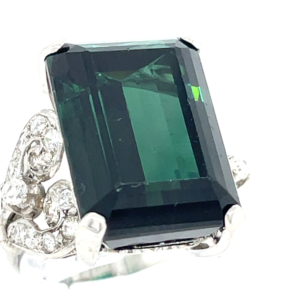 Platinum 17.5 Ct Emerald-Cut Green Tourmaline 0.30 ct Diamond Ring Size 6.25