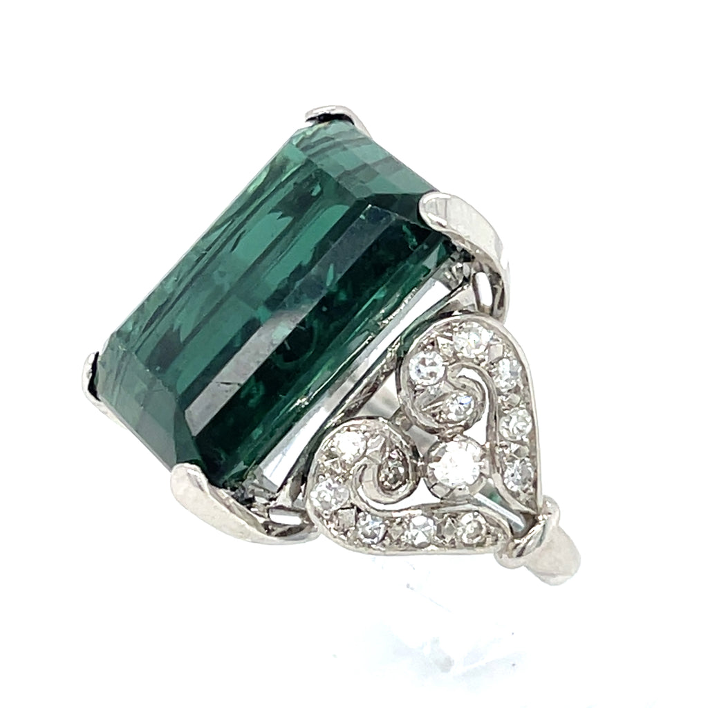 Platinum 17.5 Ct Emerald-Cut Green Tourmaline 0.30 ct Diamond Ring Size 6.25