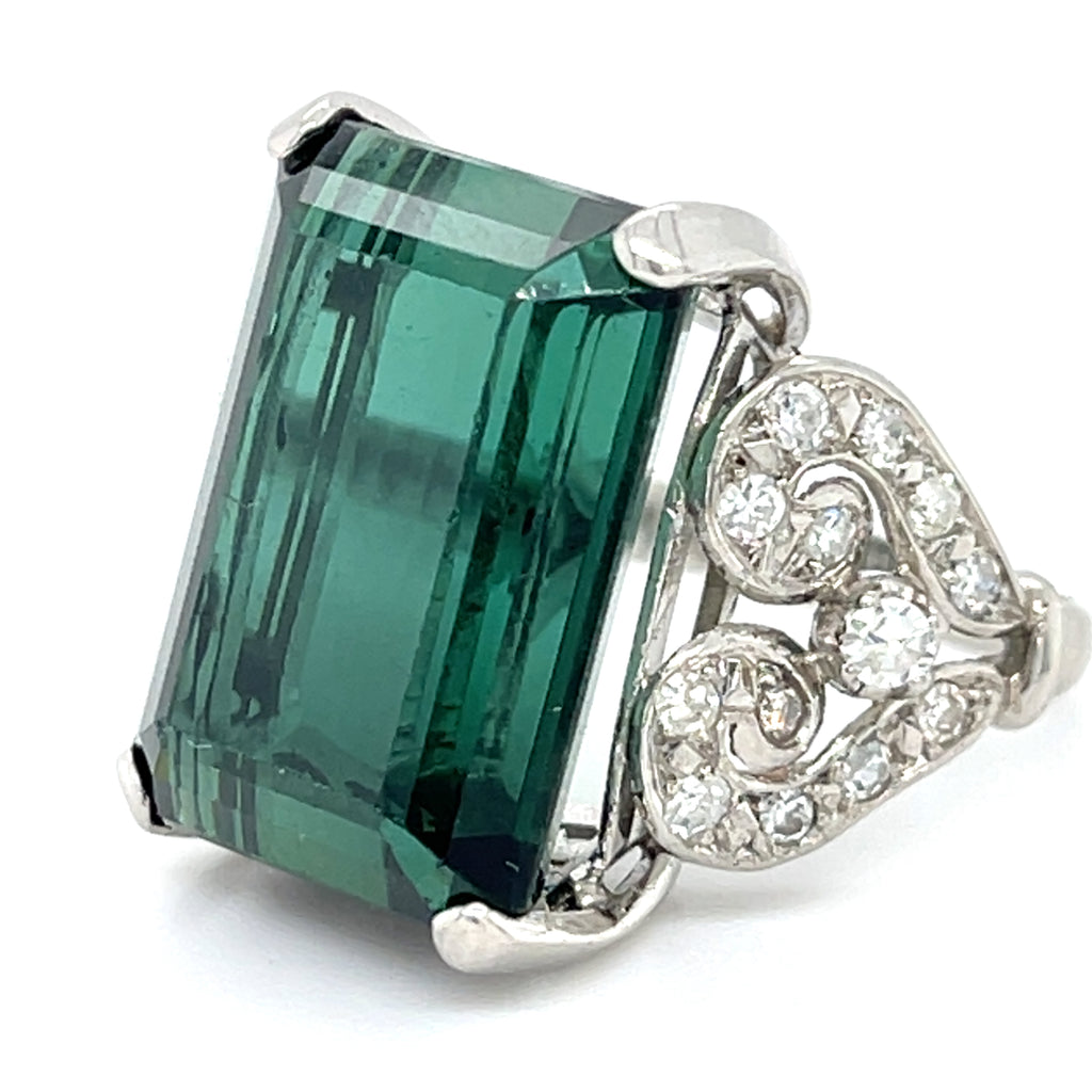 Platinum 17.5 Ct Emerald-Cut Green Tourmaline 0.30 ct Diamond Ring Size 6.25