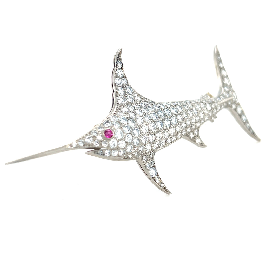 Platinum Swordfish Brooch w/ 5.25 ct Diamond and 0.05 ct Ruby Eye 11.90g