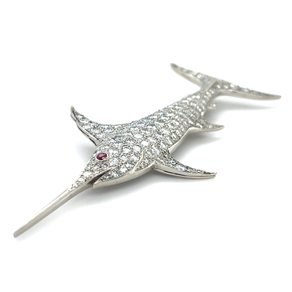 Platinum Swordfish Brooch w/ 5.25 ct Diamond and 0.05 ct Ruby Eye 11.90g
