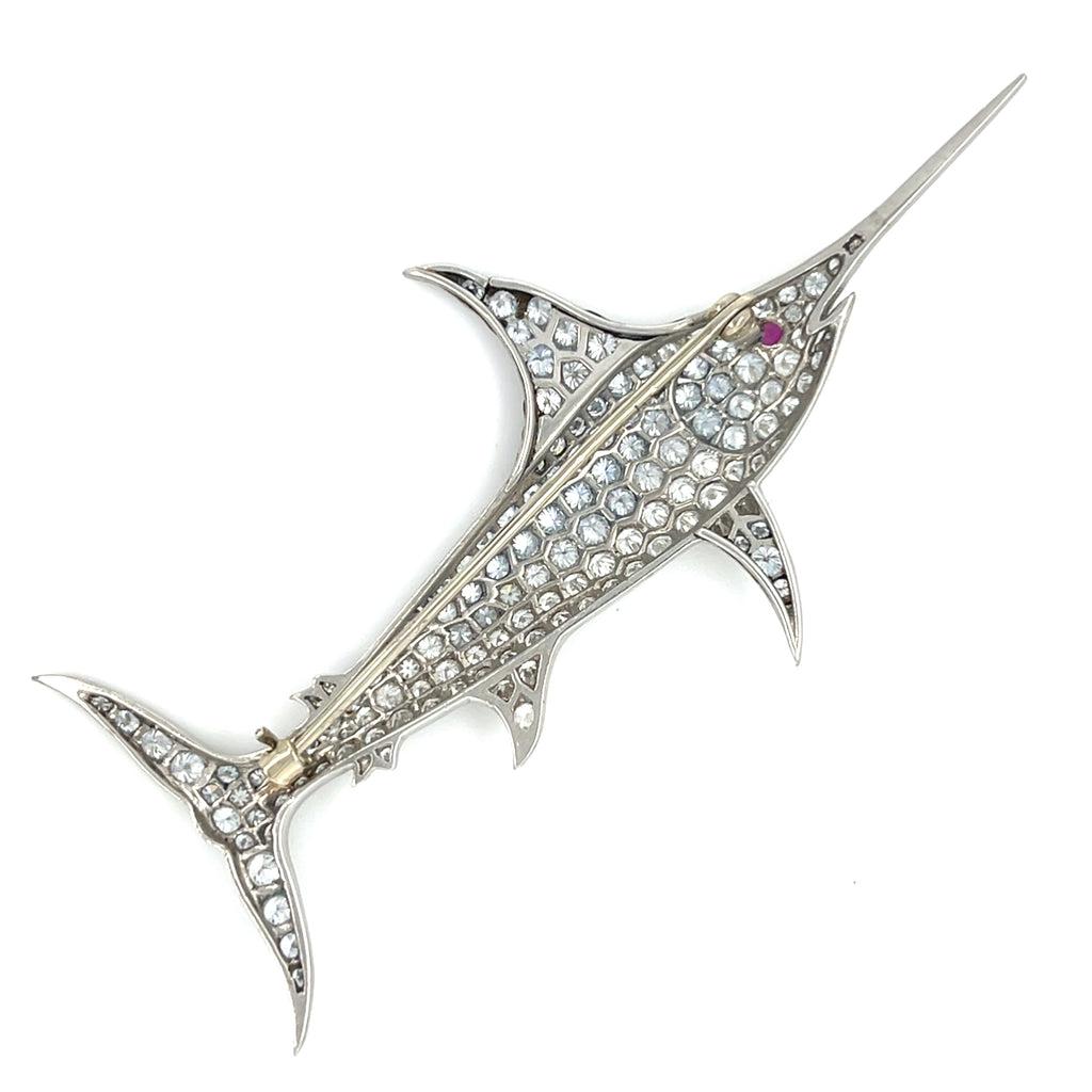 Platinum Swordfish Brooch w/ 5.25 ct Diamond and 0.05 ct Ruby Eye 11.90g