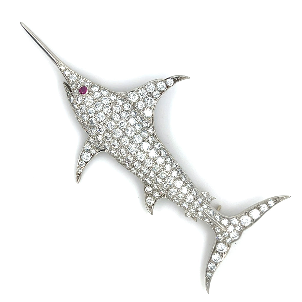 Platinum Swordfish Brooch w/ 5.25 ct Diamond and 0.05 ct Ruby Eye 11.90g