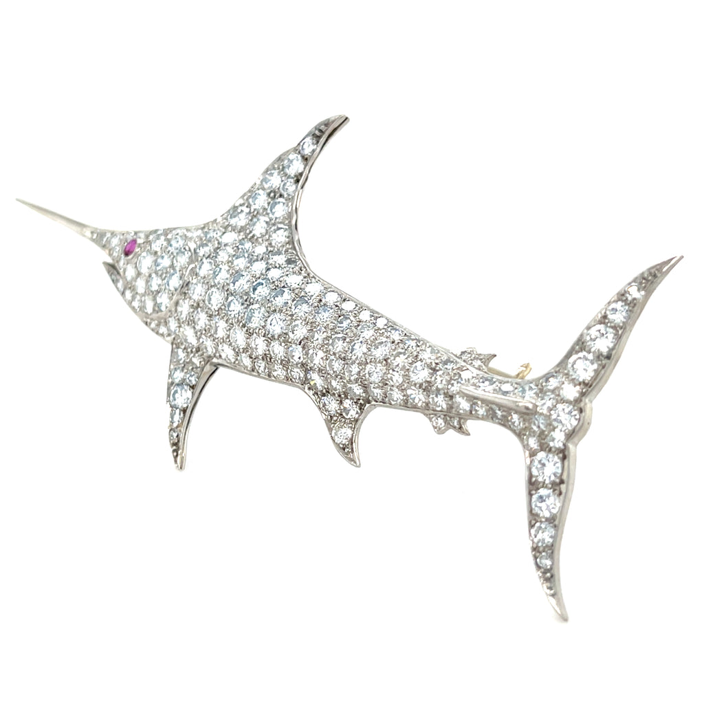 Platinum Swordfish Brooch w/ 5.25 ct Diamond and 0.05 ct Ruby Eye 11.90g