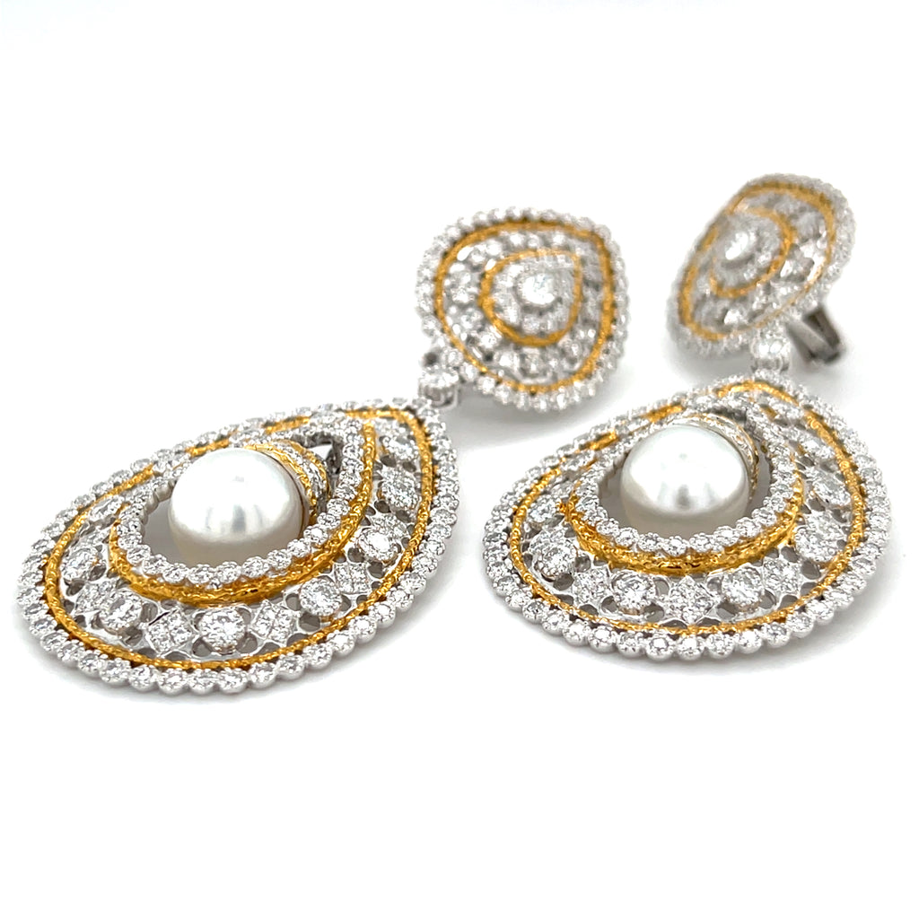 18k Gold + Rhodium 10 mm Cultured Pearl 7.5ct Diamond Day/Night Earrings 41 gr
