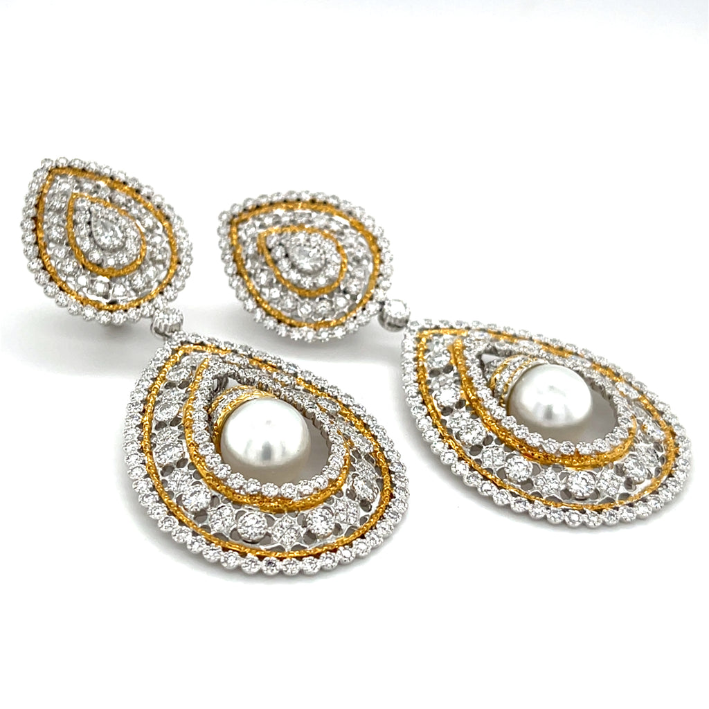 18k Gold + Rhodium 10 mm Cultured Pearl 7.5ct Diamond Day/Night Earrings 41 gr