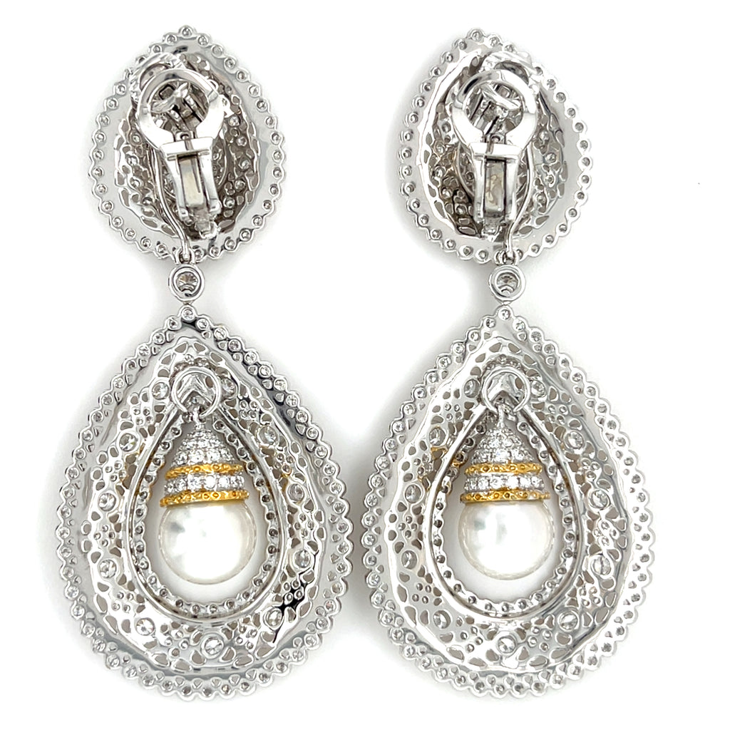 18k Gold + Rhodium 10 mm Cultured Pearl 7.5ct Diamond Day/Night Earrings 41 gr