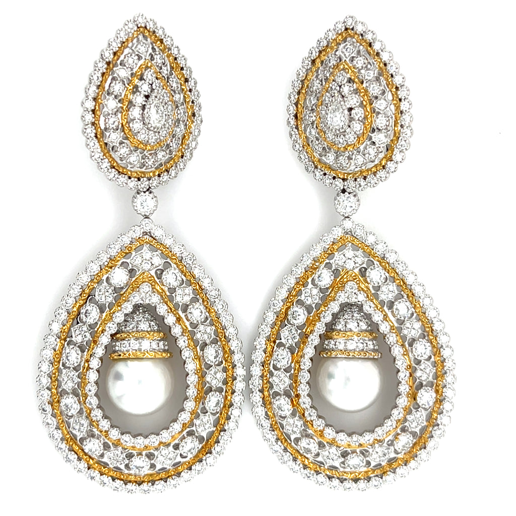 18k Gold + Rhodium 10 mm Cultured Pearl 7.5ct Diamond Day/Night Earrings 41 gr