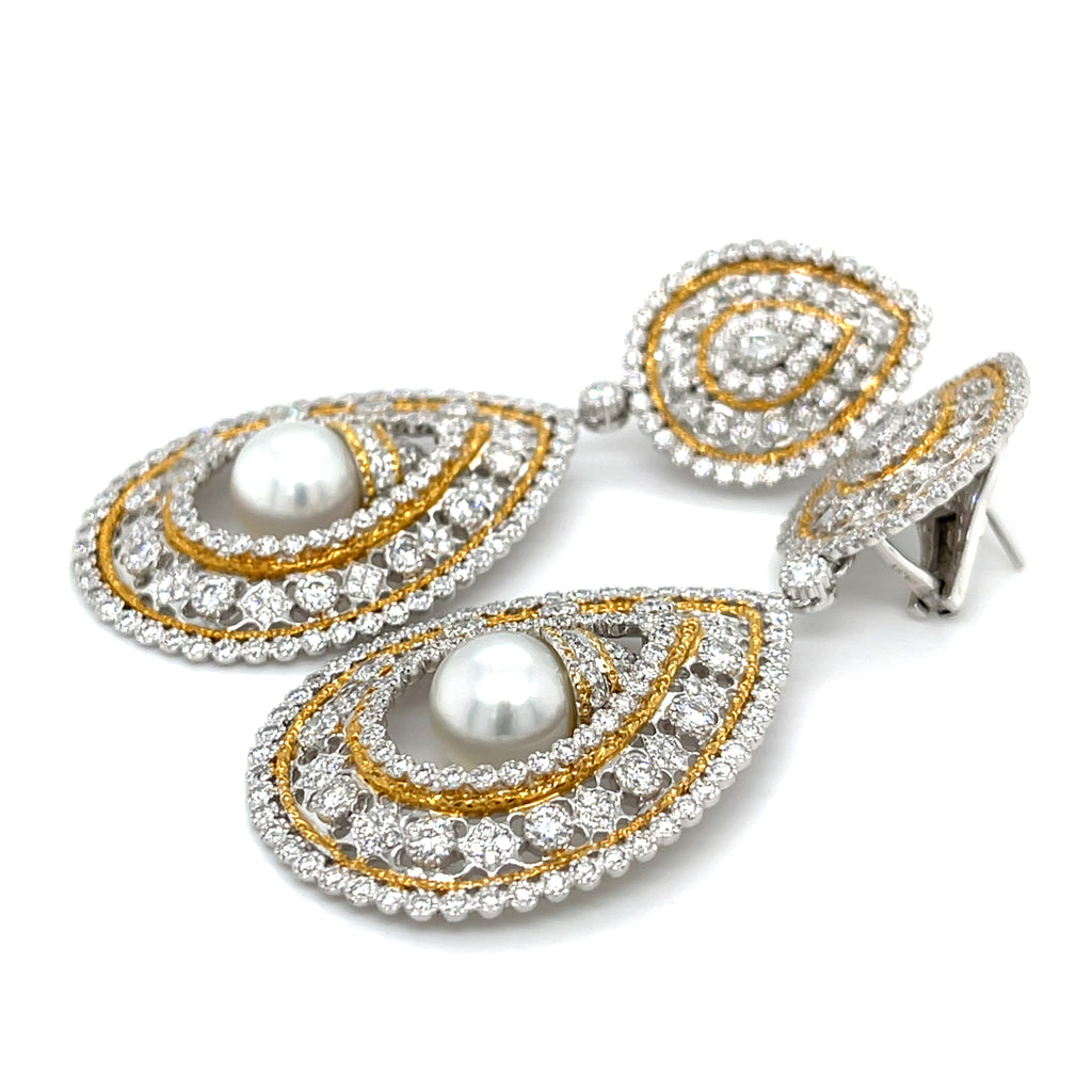 18k Gold + Rhodium 10 mm Cultured Pearl 7.5ct Diamond Day/Night Earrings 41 gr