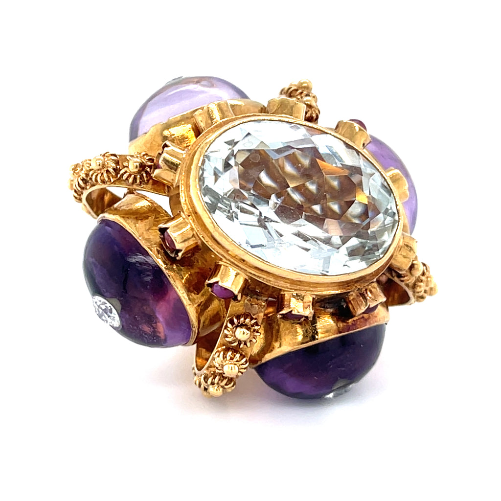 18k Yellow Gold Vintage Gem-Set Crown Pendant Amethyst Cabochon