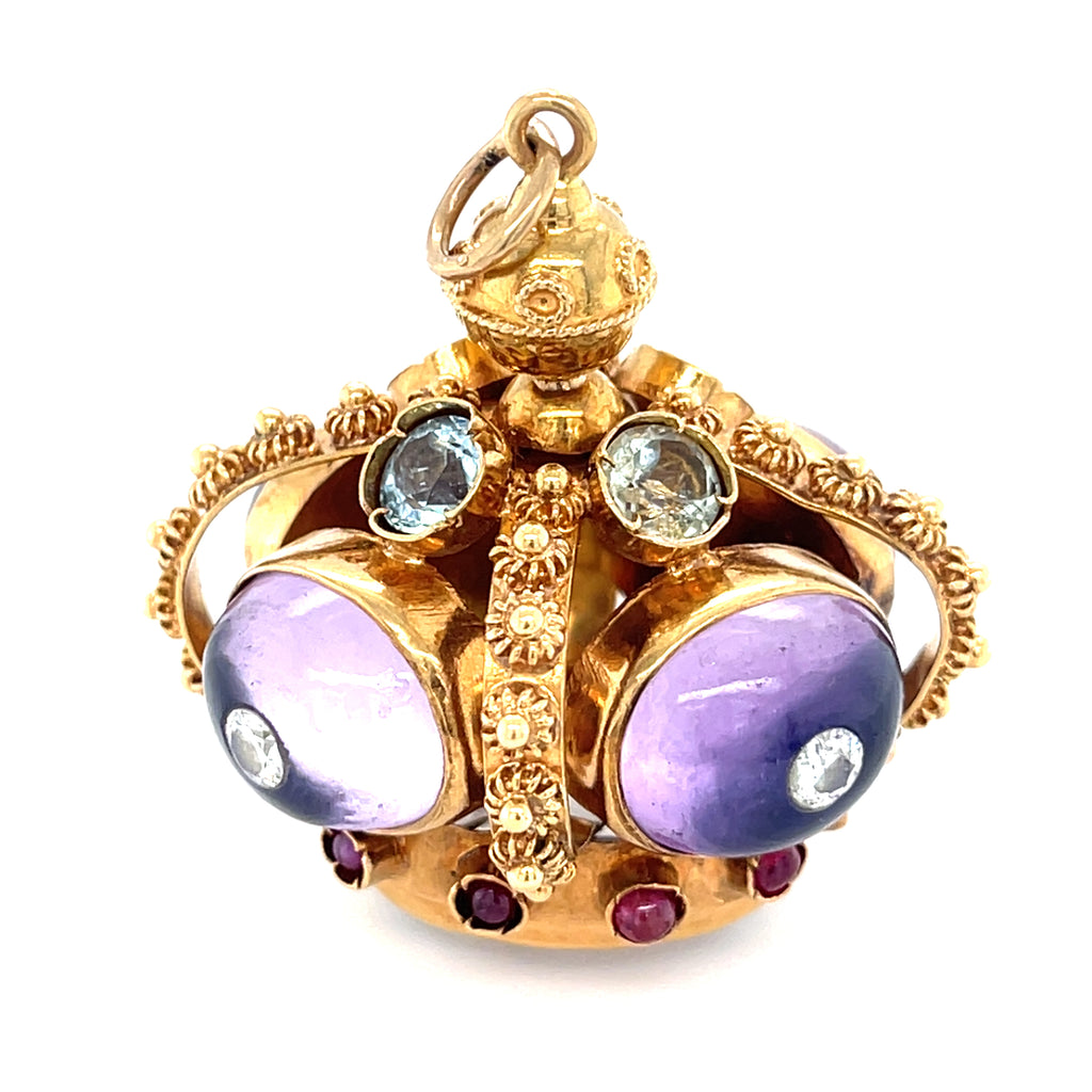 18k Yellow Gold Vintage Gem-Set Crown Pendant Amethyst Cabochon