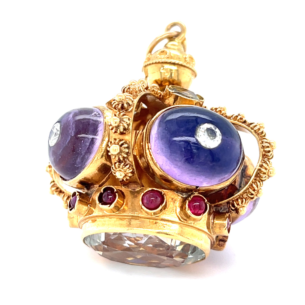 18k Yellow Gold Vintage Gem-Set Crown Pendant Amethyst Cabochon
