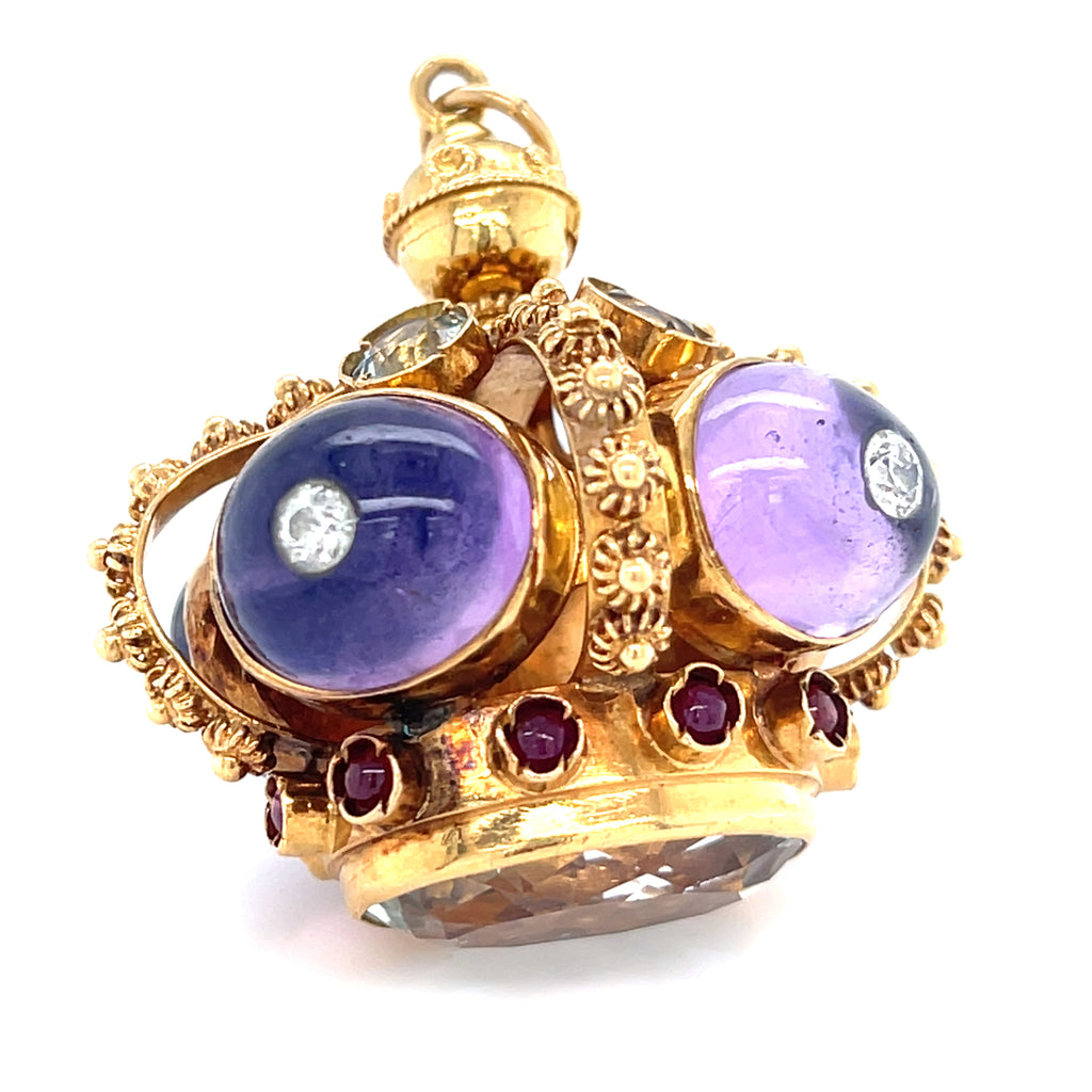 18k Yellow Gold Vintage Gem-Set Crown Pendant Amethyst Cabochon