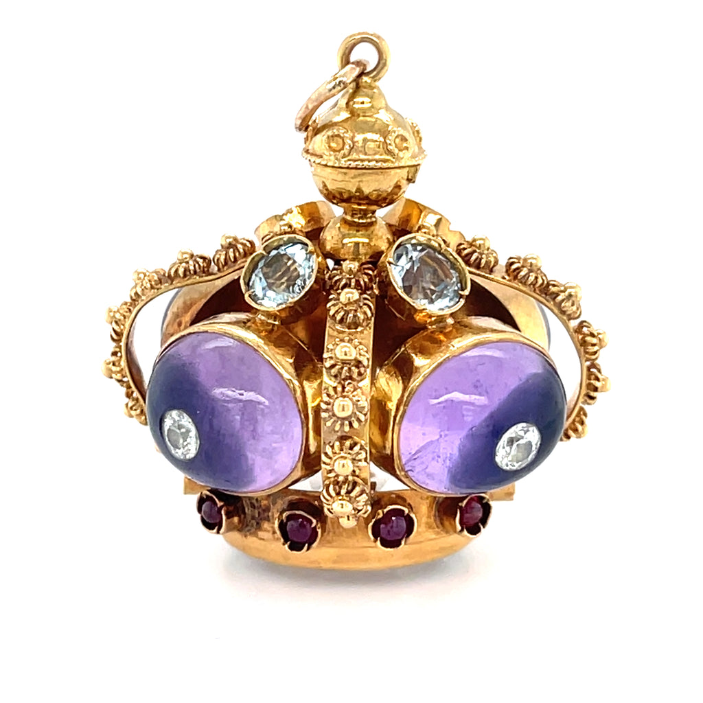 18k Yellow Gold Vintage Gem-Set Crown Pendant Amethyst Cabochon