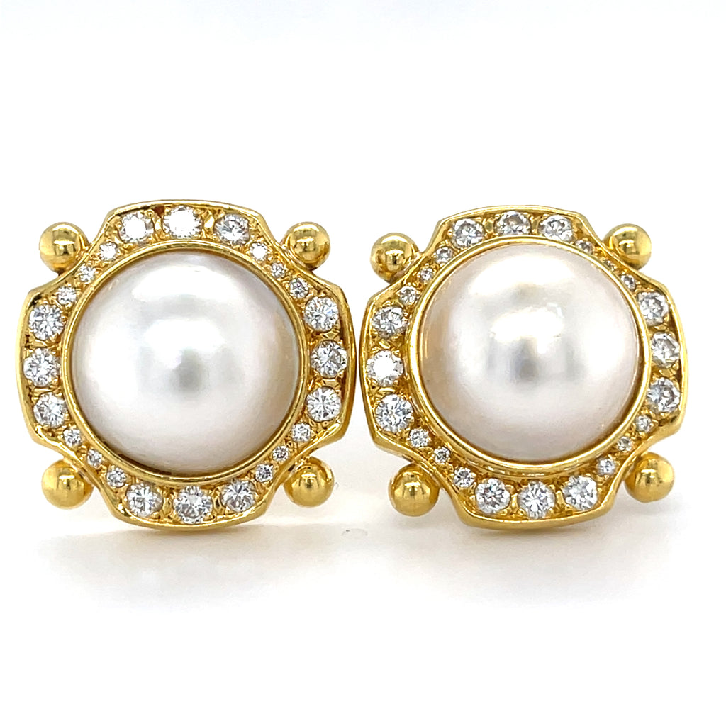 18k Yellow Gold Mabe Pearl Clip-On Earrings with 2.25 ct Diamond Accents