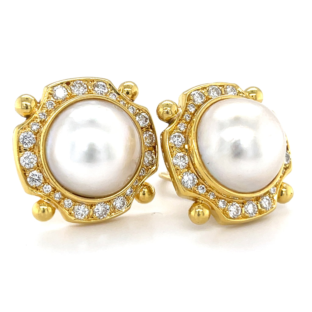 18k Yellow Gold Mabe Pearl Clip-On Earrings with 2.25 ct Diamond Accents