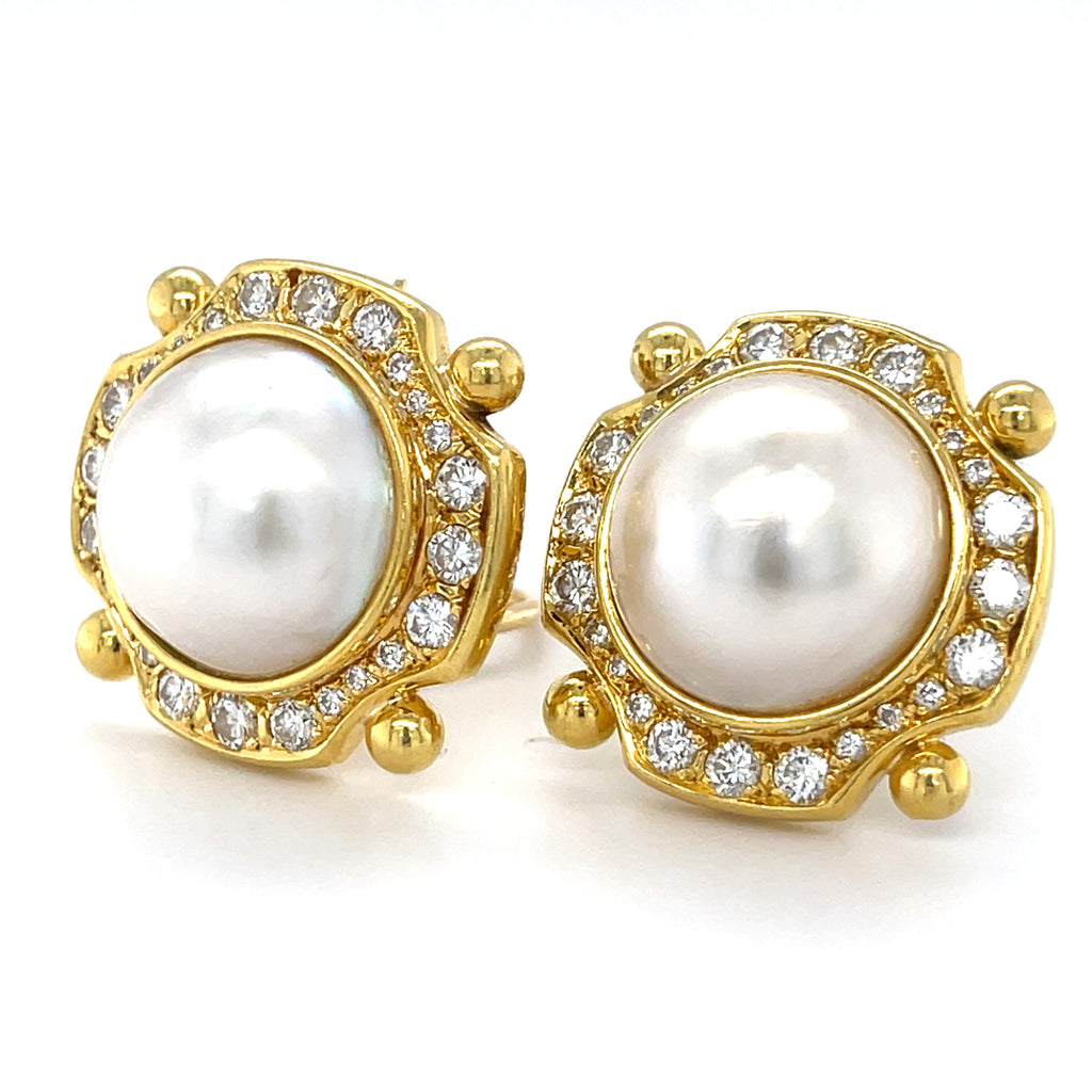 18k Yellow Gold Mabe Pearl Clip-On Earrings with 2.25 ct Diamond Accents
