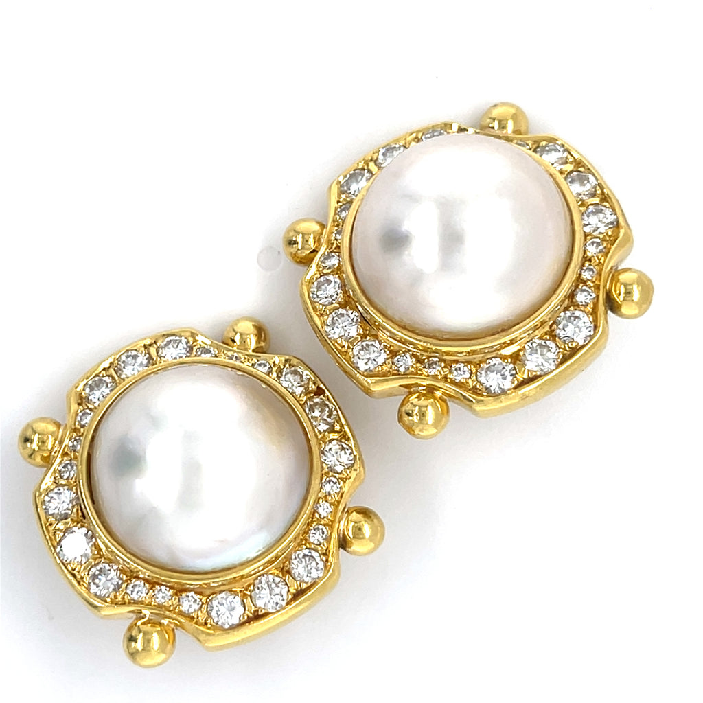18k Yellow Gold Mabe Pearl Clip-On Earrings with 2.25 ct Diamond Accents