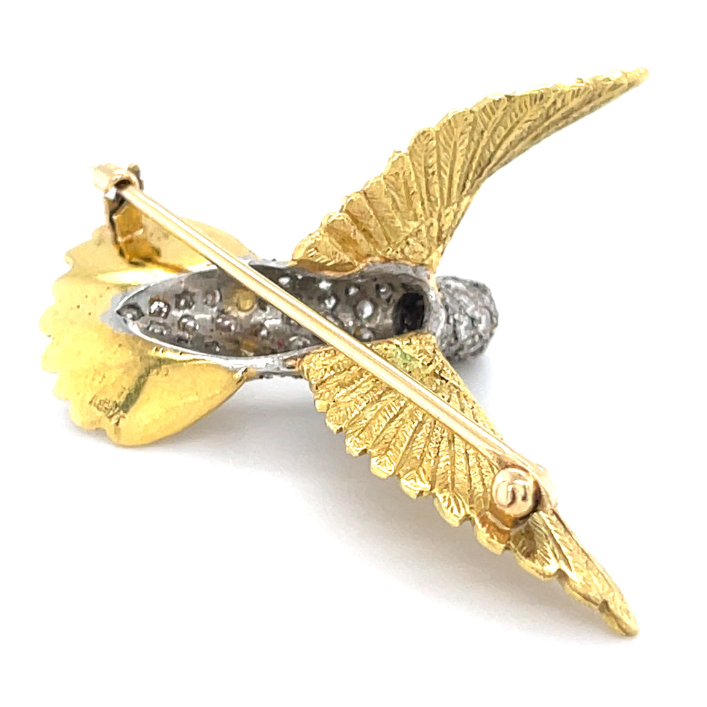 18k Two Tone Gold Gorgeous Sculpted Hummingbird Brooch 1ct Diamond and Ruby Acc