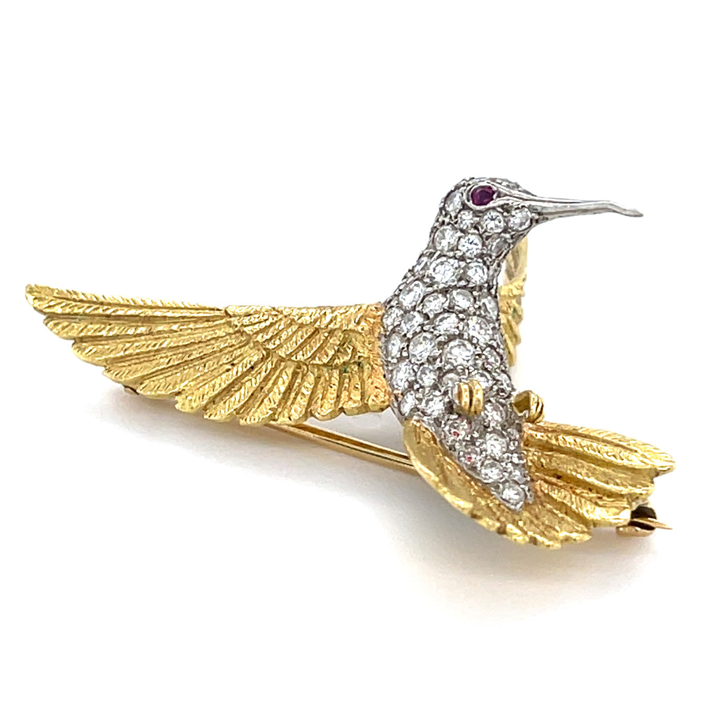 18k Two Tone Gold Gorgeous Sculpted Hummingbird Brooch 1ct Diamond and Ruby Acc