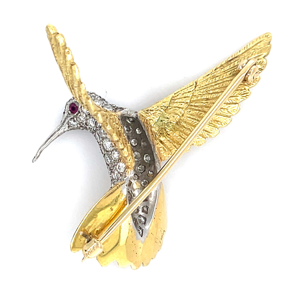 18k Two Tone Gold Gorgeous Sculpted Hummingbird Brooch 1ct Diamond and Ruby Acc
