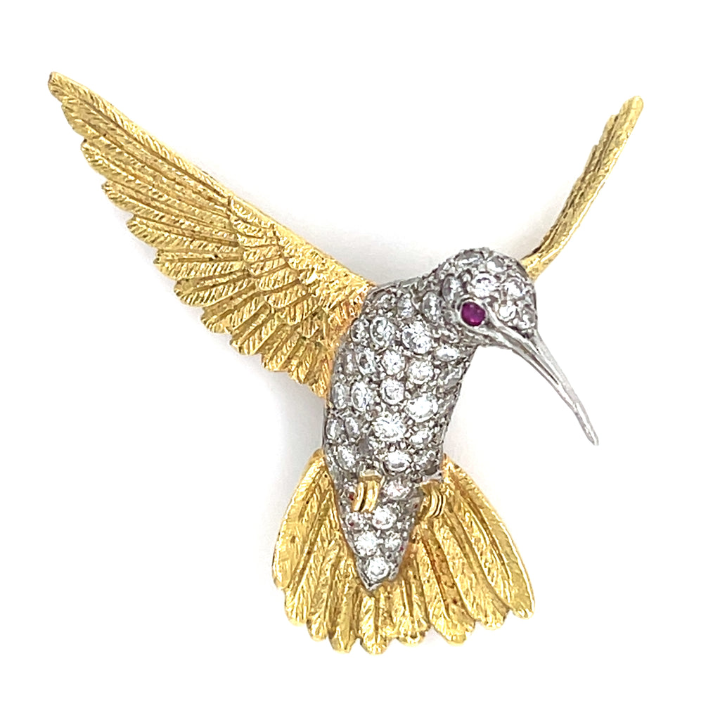 18k Two Tone Gold Gorgeous Sculpted Hummingbird Brooch 1ct Diamond and Ruby Acc
