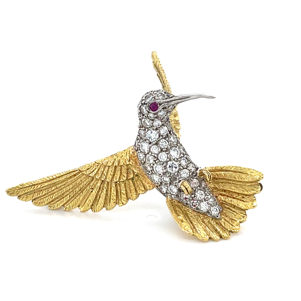 18k Two Tone Gold Gorgeous Sculpted Hummingbird Brooch 1ct Diamond and Ruby Acc