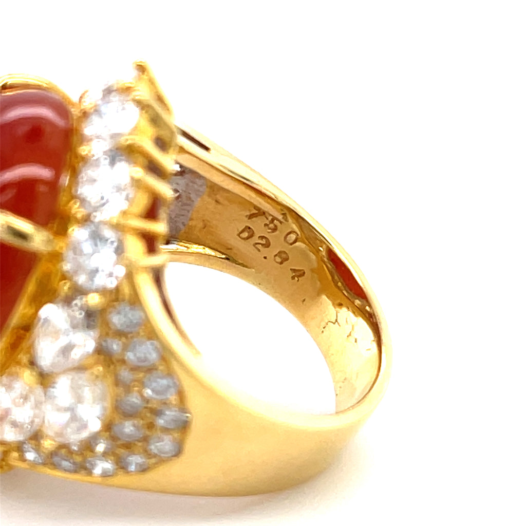 Gorgeous 18k Yellow Gold 16.33ct Red Jade Cabochon Ring w/ 2.84ct Diamond, Size 4.25