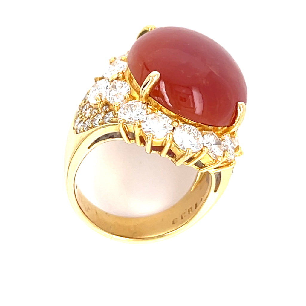 Gorgeous 18k Yellow Gold 16.33ct Red Jade Cabochon Ring w/ 2.84ct Diamond, Size 4.25
