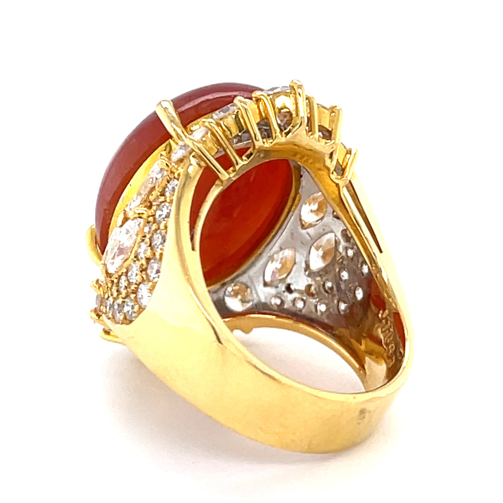 Gorgeous 18k Yellow Gold 16.33ct Red Jade Cabochon Ring w/ 2.84ct Diamond, Size 4.25