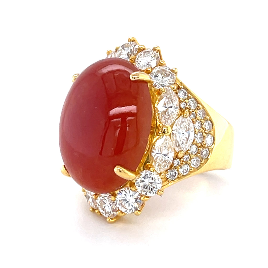 Gorgeous 18k Yellow Gold 16.33ct Red Jade Cabochon Ring w/ 2.84ct Diamond, Size 4.25