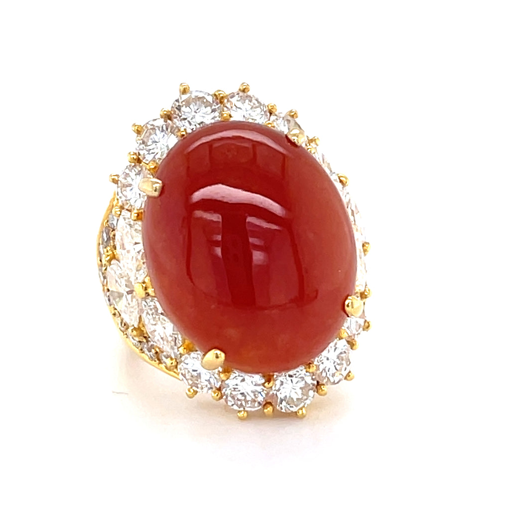 Gorgeous 18k Yellow Gold 16.33ct Red Jade Cabochon Ring w/ 2.84ct Diamond, Size 4.25
