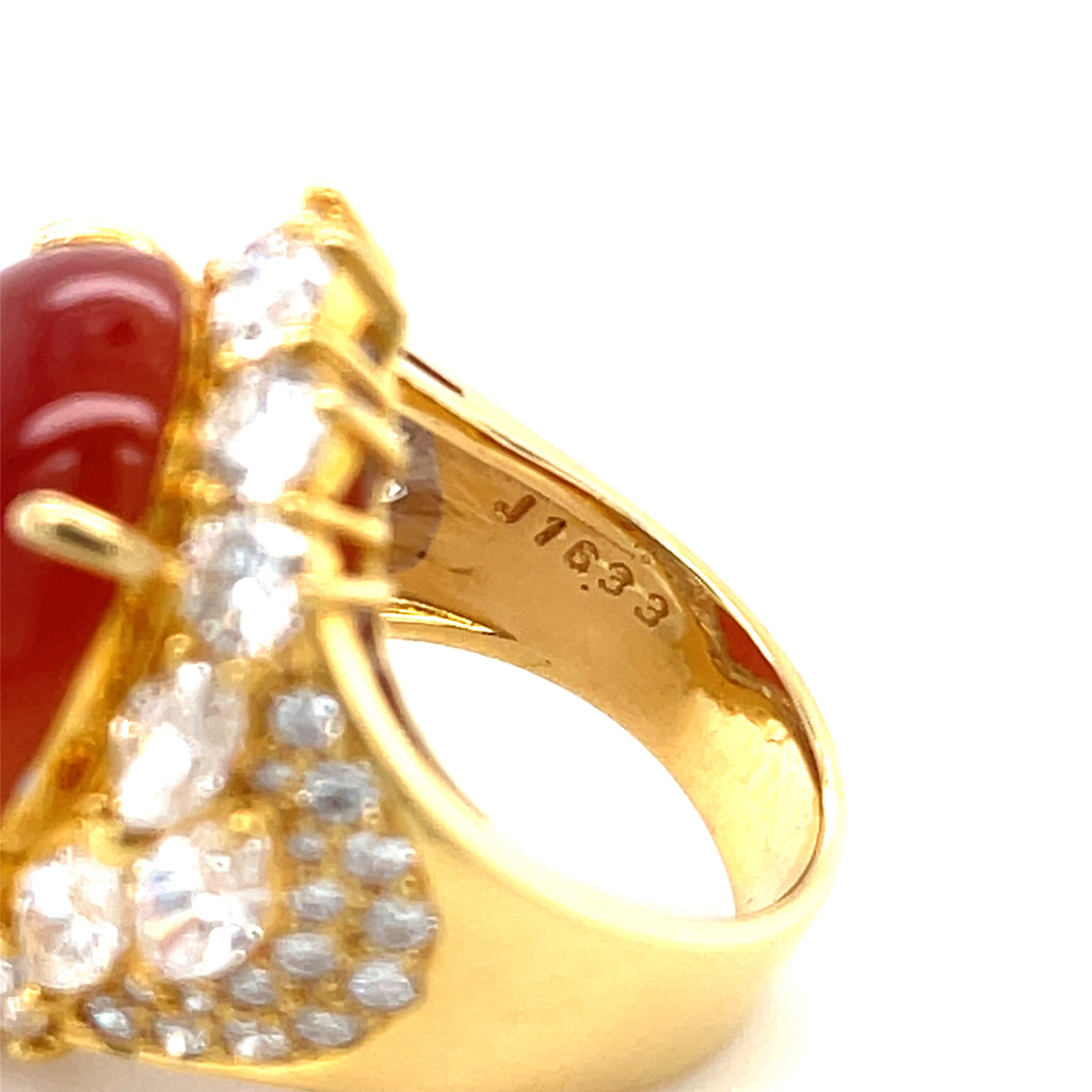 Gorgeous 18k Yellow Gold 16.33ct Red Jade Cabochon Ring w/ 2.84ct Diamond, Size 4.25