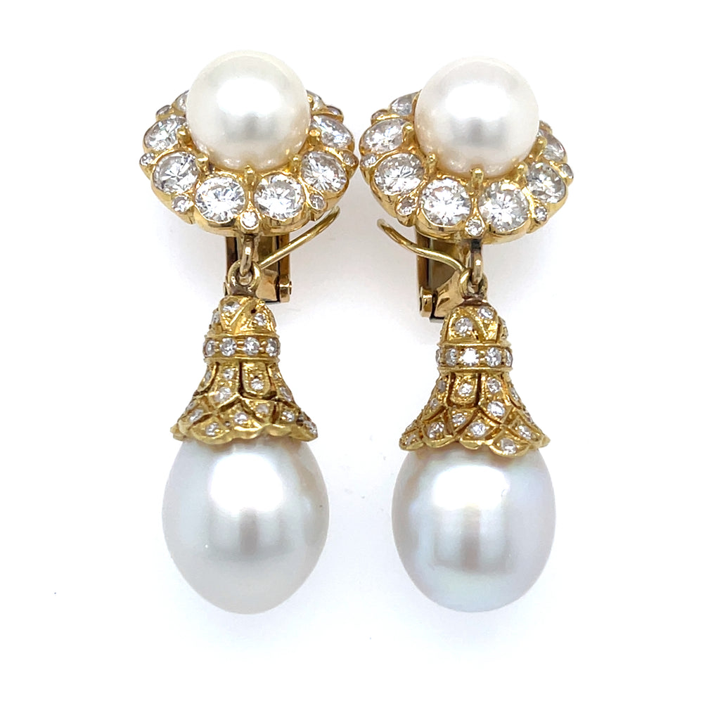 18k Yellow Gold Convertible "Day/Night" Cultured Pearl Ear Clips 3.50 ct Dia
