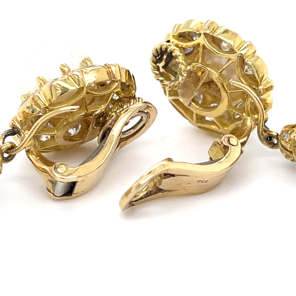 18k Yellow Gold Convertible "Day/Night" Cultured Pearl Ear Clips 3.50 ct Dia