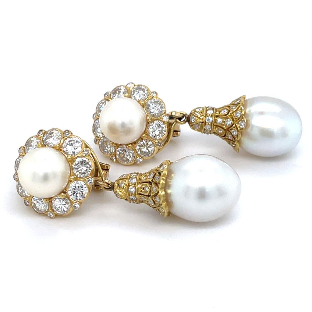 18k Yellow Gold Convertible "Day/Night" Cultured Pearl Ear Clips 3.50 ct Dia
