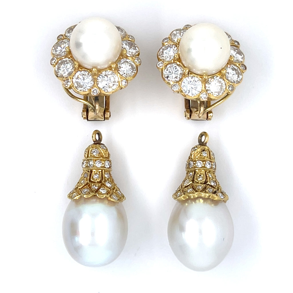 18k Yellow Gold Convertible "Day/Night" Cultured Pearl Ear Clips 3.50 ct Dia