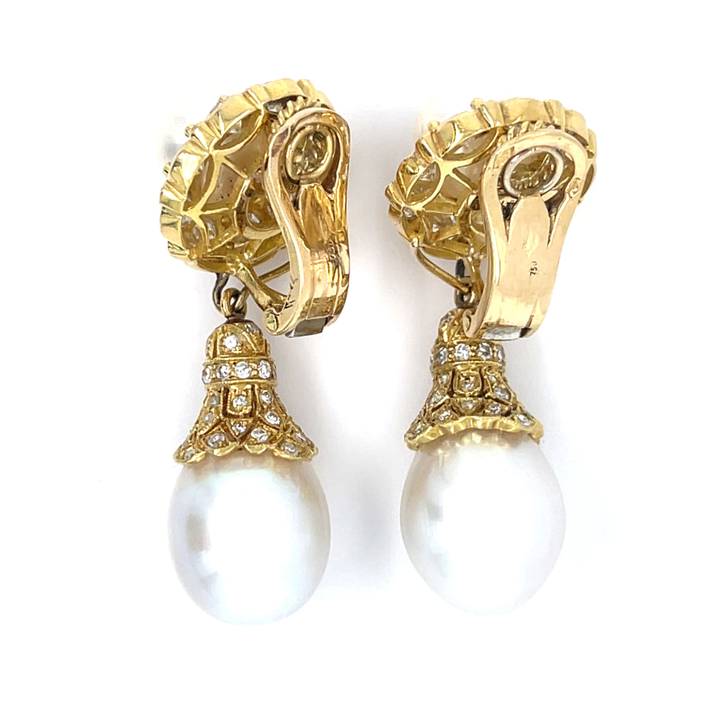 18k Yellow Gold Convertible "Day/Night" Cultured Pearl Ear Clips 3.50 ct Dia