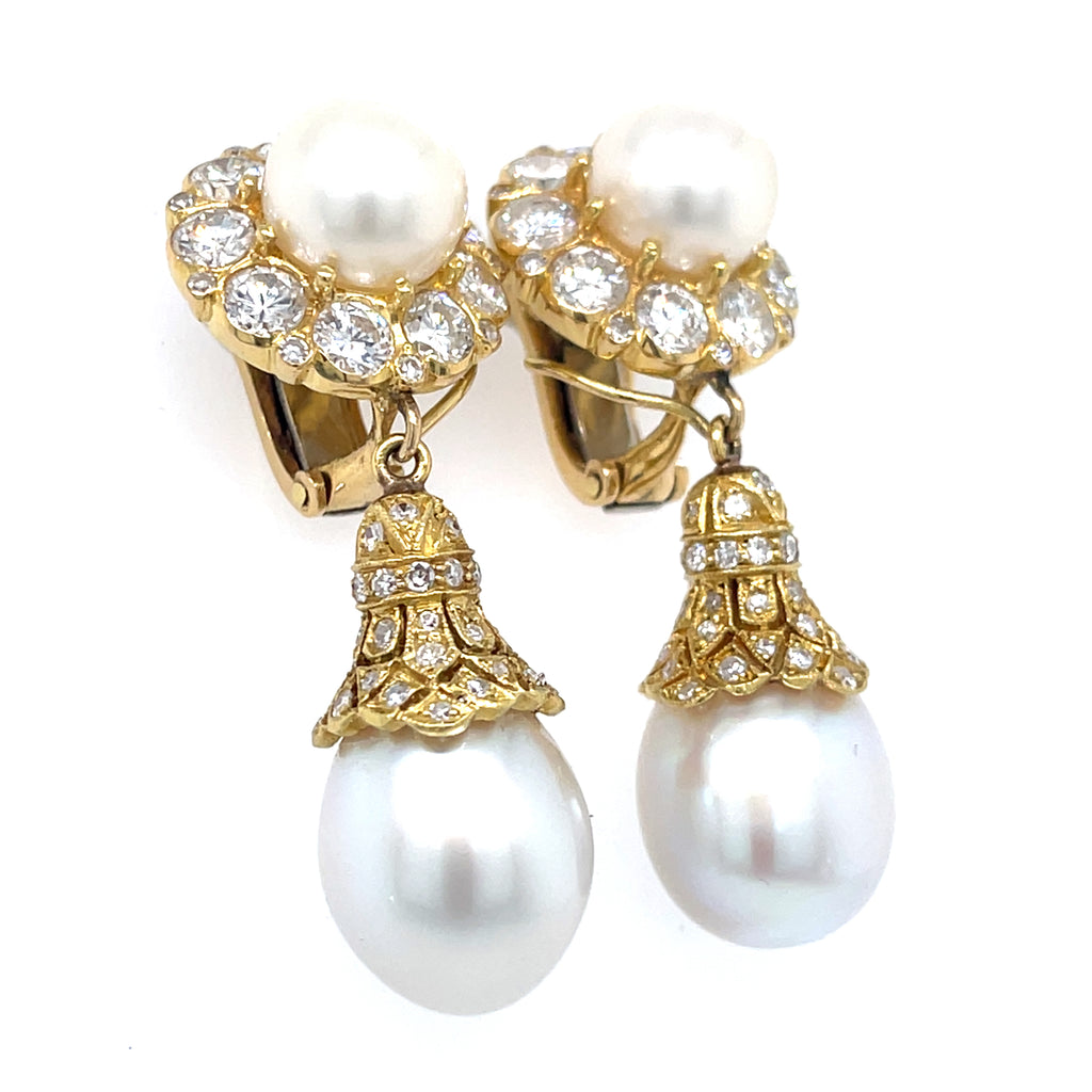 18k Yellow Gold Convertible "Day/Night" Cultured Pearl Ear Clips 3.50 ct Dia