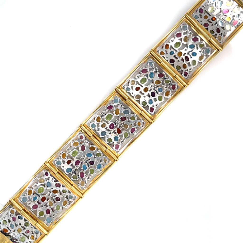 18k Two Tone Gemstone Plaque Bracelet 31.75 CTW 6.75" Long
